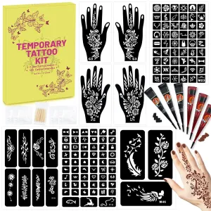 126 PCS Temporary Tattoos Stencils Kit,Henna Tattoos Kit - 6 Pcs 2 Color(Brown Black) Ink with Gloves,Diy Body Art Painting for Women Men Adults Kids