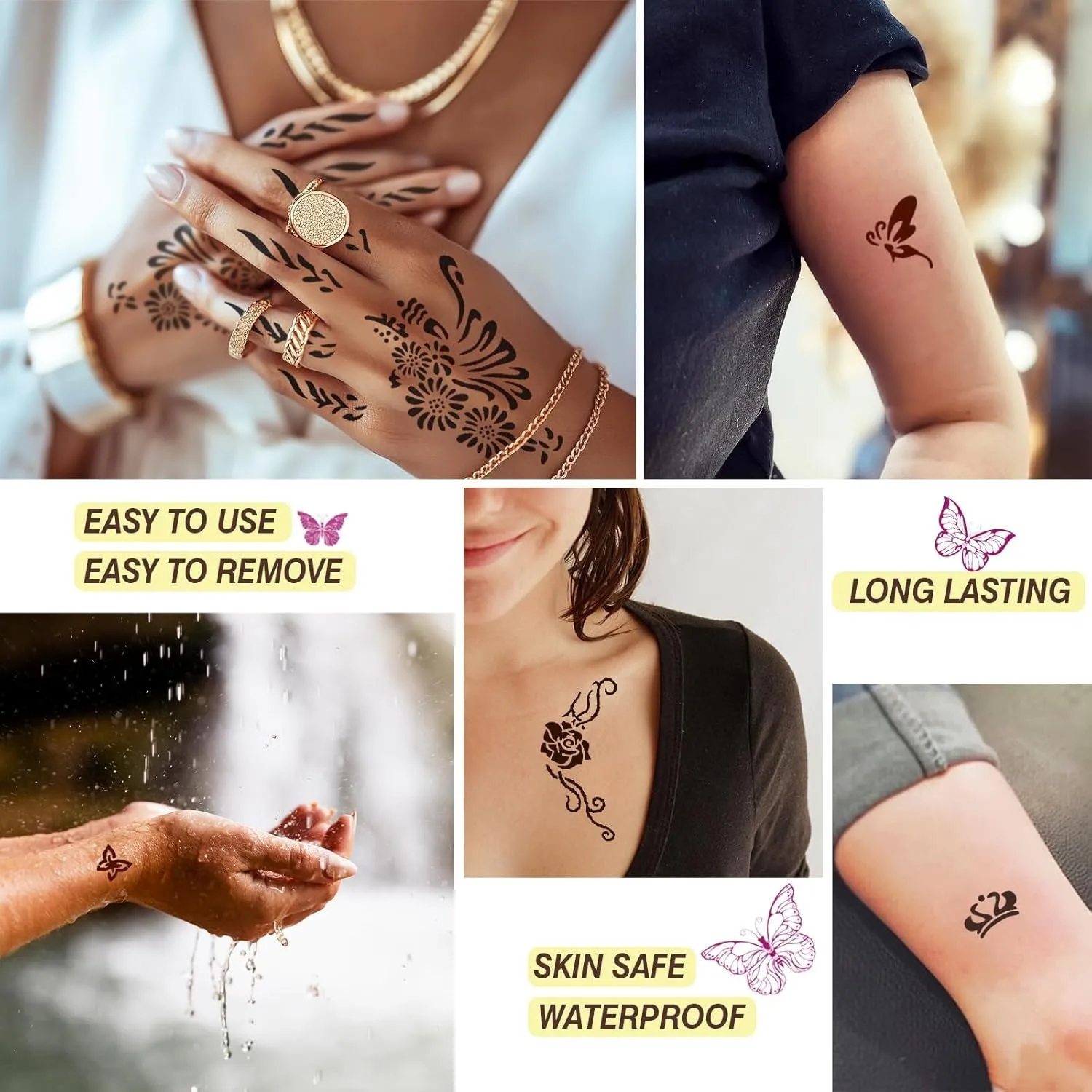 126 PCS Temporary Tattoos Stencils Kit,Henna Tattoos Kit - 6 Pcs 2 Color(Brown Black) Ink with Gloves,Diy Body Art Painting for Women Men Adults Kids