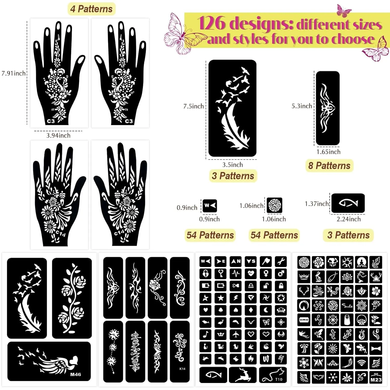 126 PCS Temporary Tattoos Stencils Kit,Henna Tattoos Kit - 6 Pcs 2 Color(Brown Black) Ink with Gloves,Diy Body Art Painting for Women Men Adults Kids