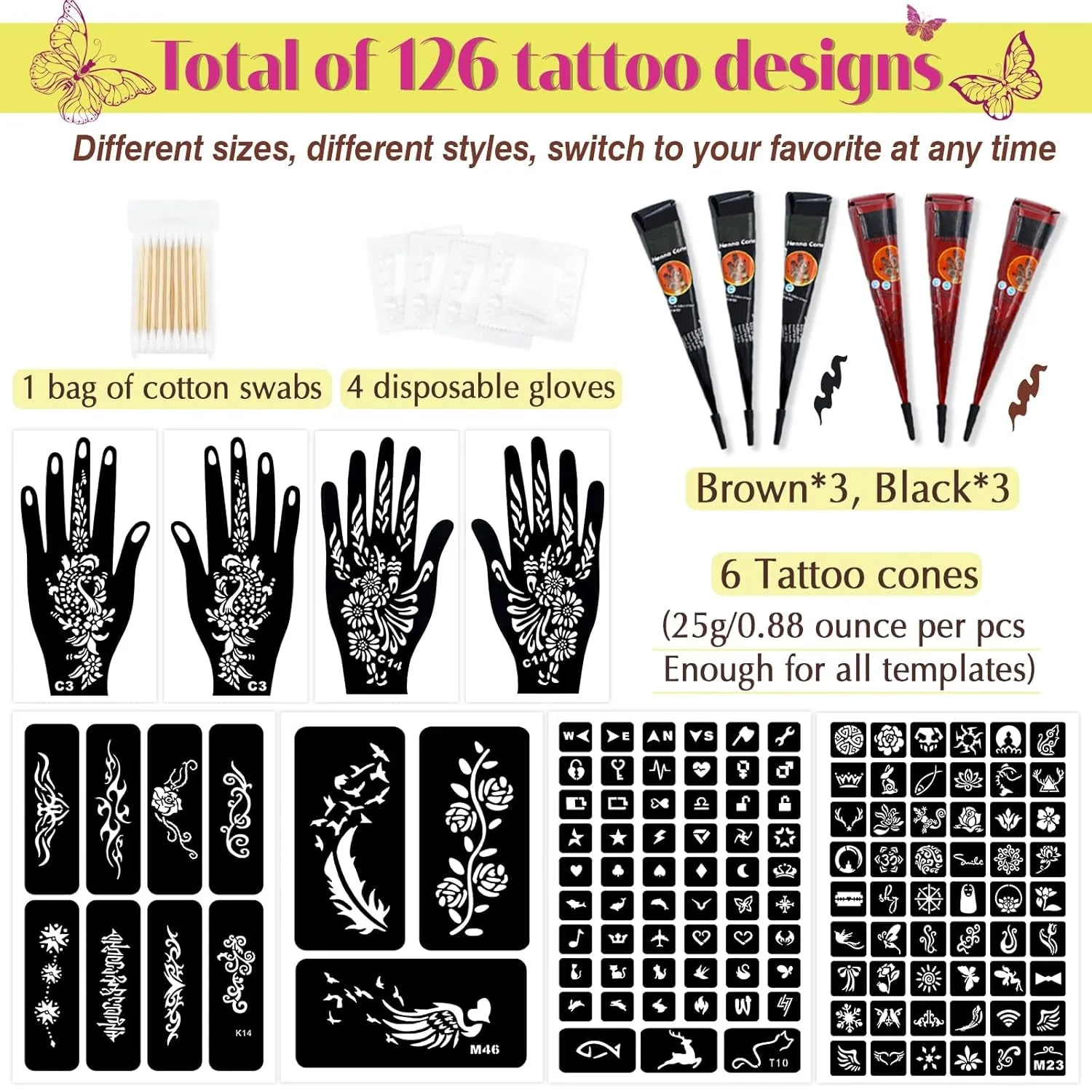126 PCS Temporary Tattoos Stencils Kit,Henna Tattoos Kit - 6 Pcs 2 Color(Brown Black) Ink with Gloves,Diy Body Art Painting for Women Men Adults Kids
