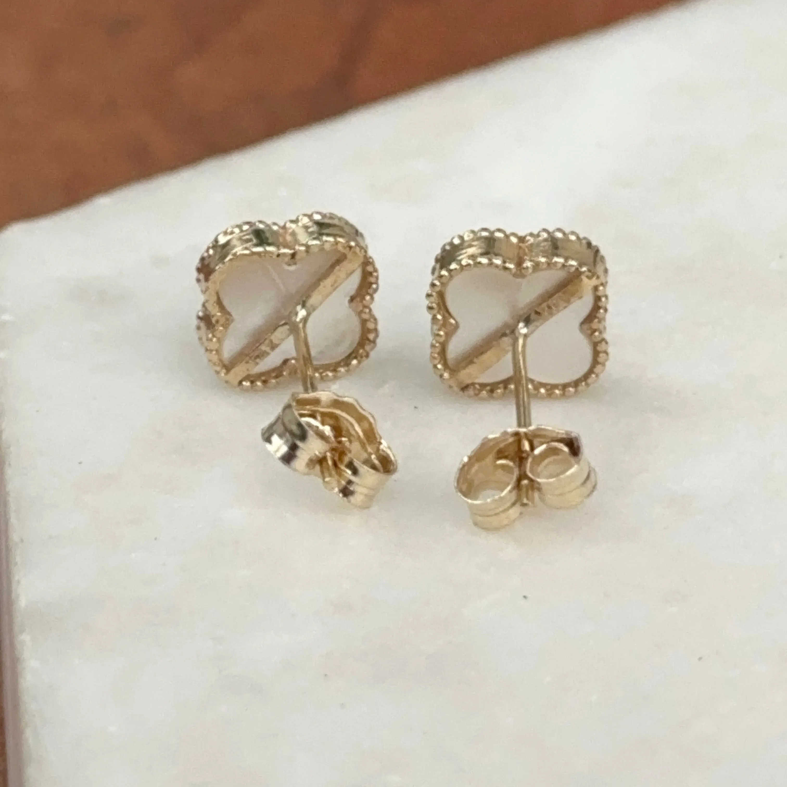 14KT Yellow Gold 8mm Beaded Mother of Pearl Clover Stud Earrings