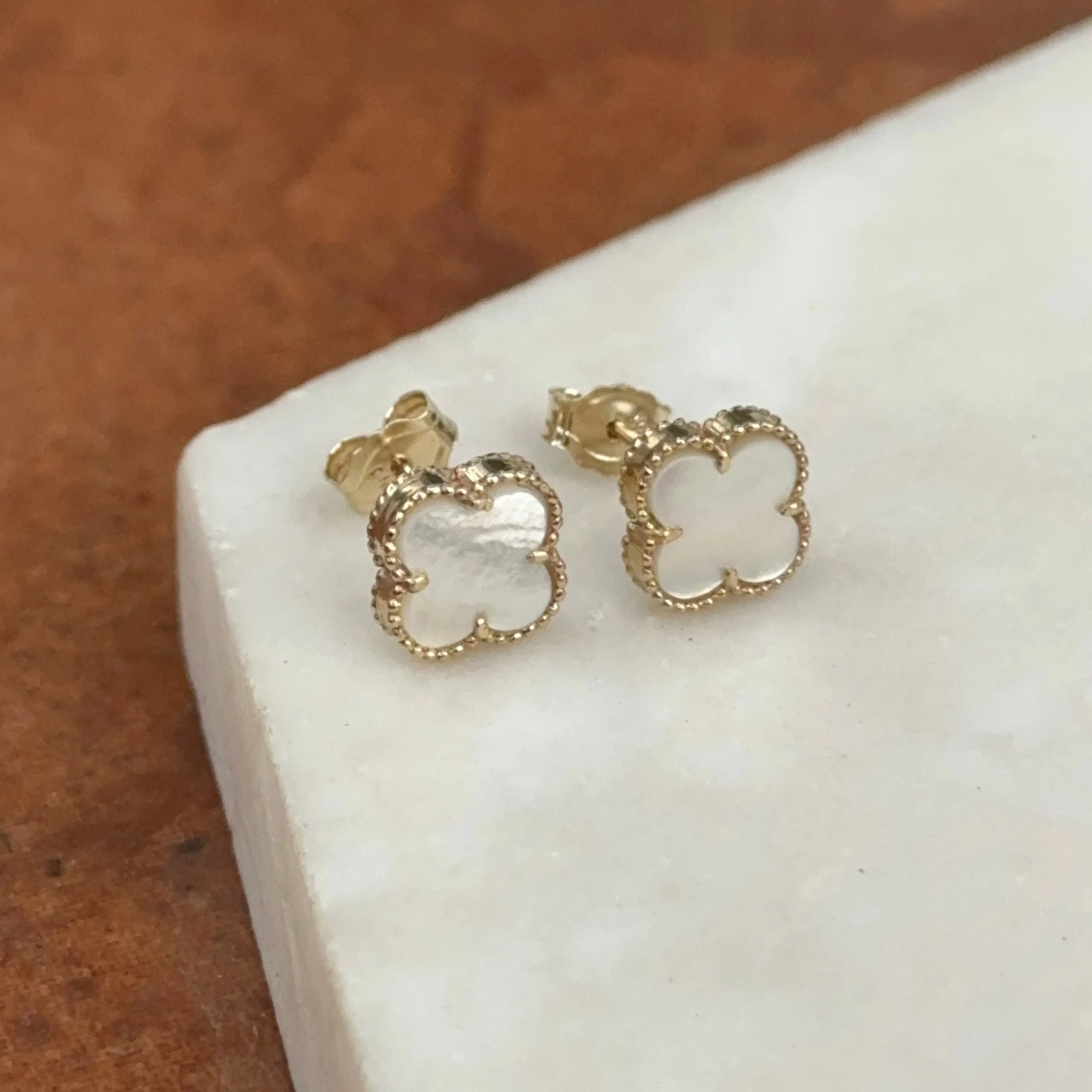 14KT Yellow Gold 8mm Beaded Mother of Pearl Clover Stud Earrings