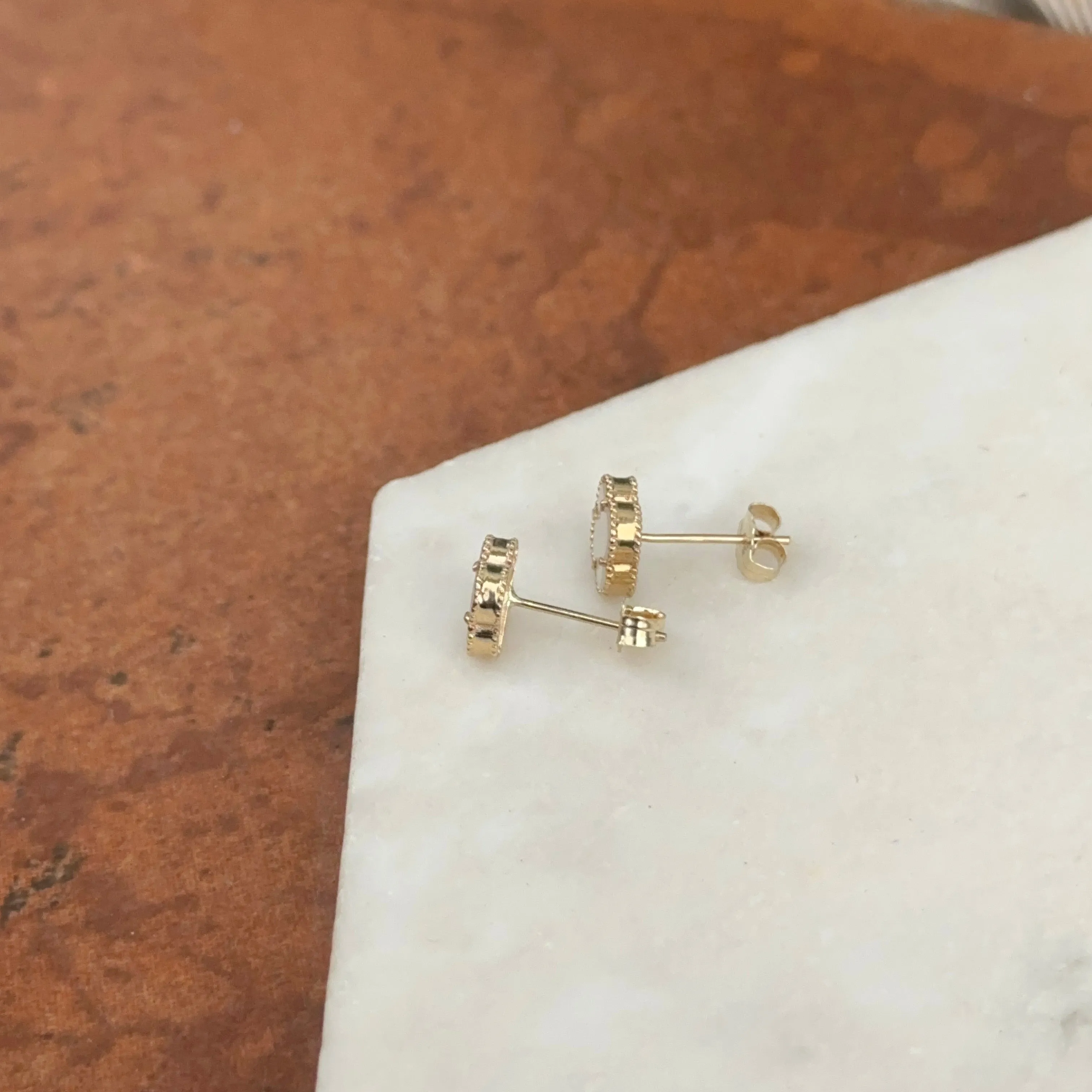14KT Yellow Gold 8mm Beaded Mother of Pearl Clover Stud Earrings