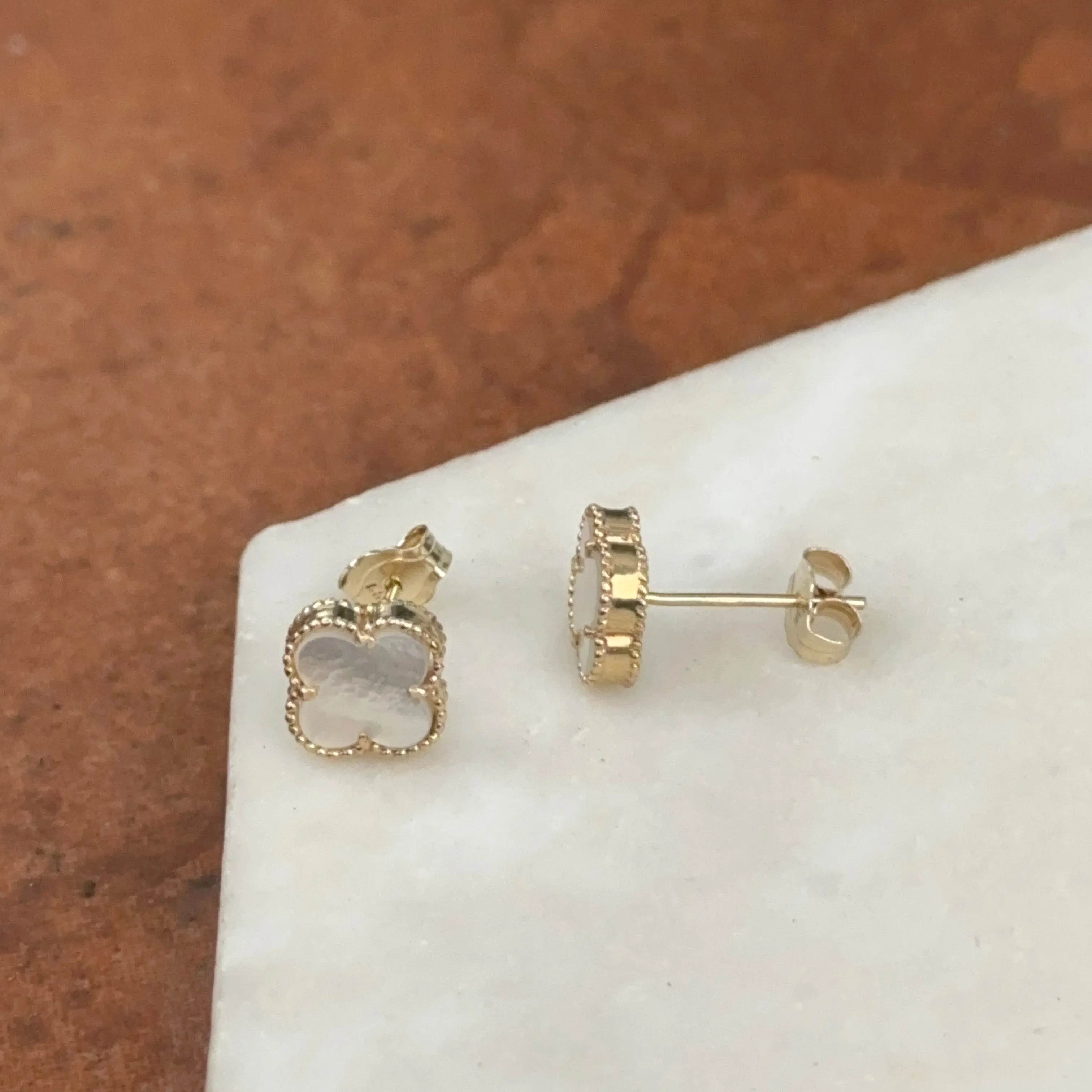 14KT Yellow Gold 8mm Beaded Mother of Pearl Clover Stud Earrings