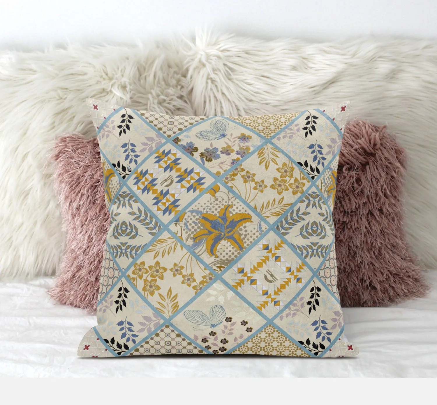 16” Gold Cream Patch Suede Zippered Throw Pillow
