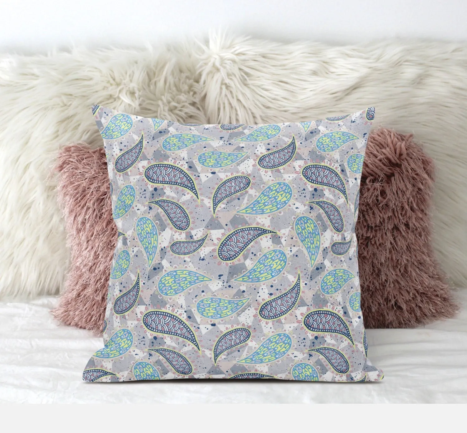 16” Gray Green Boho Paisley Zippered Suede Throw Pillow