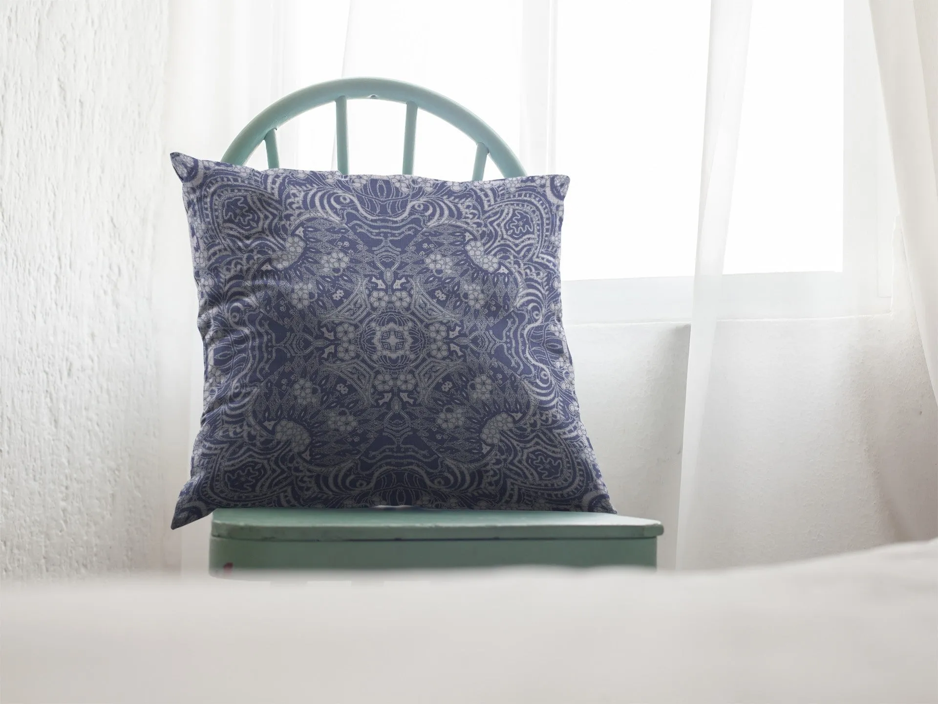 16” Indigo White Boho Ornate Indoor Outdoor Zippered Throw Pillow