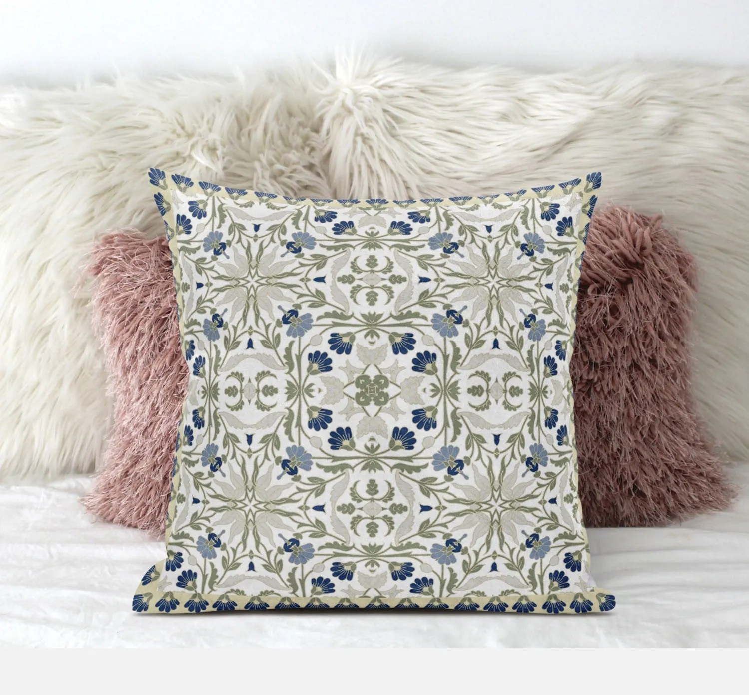 16” White Green Paisley Zippered Suede Throw Pillow
