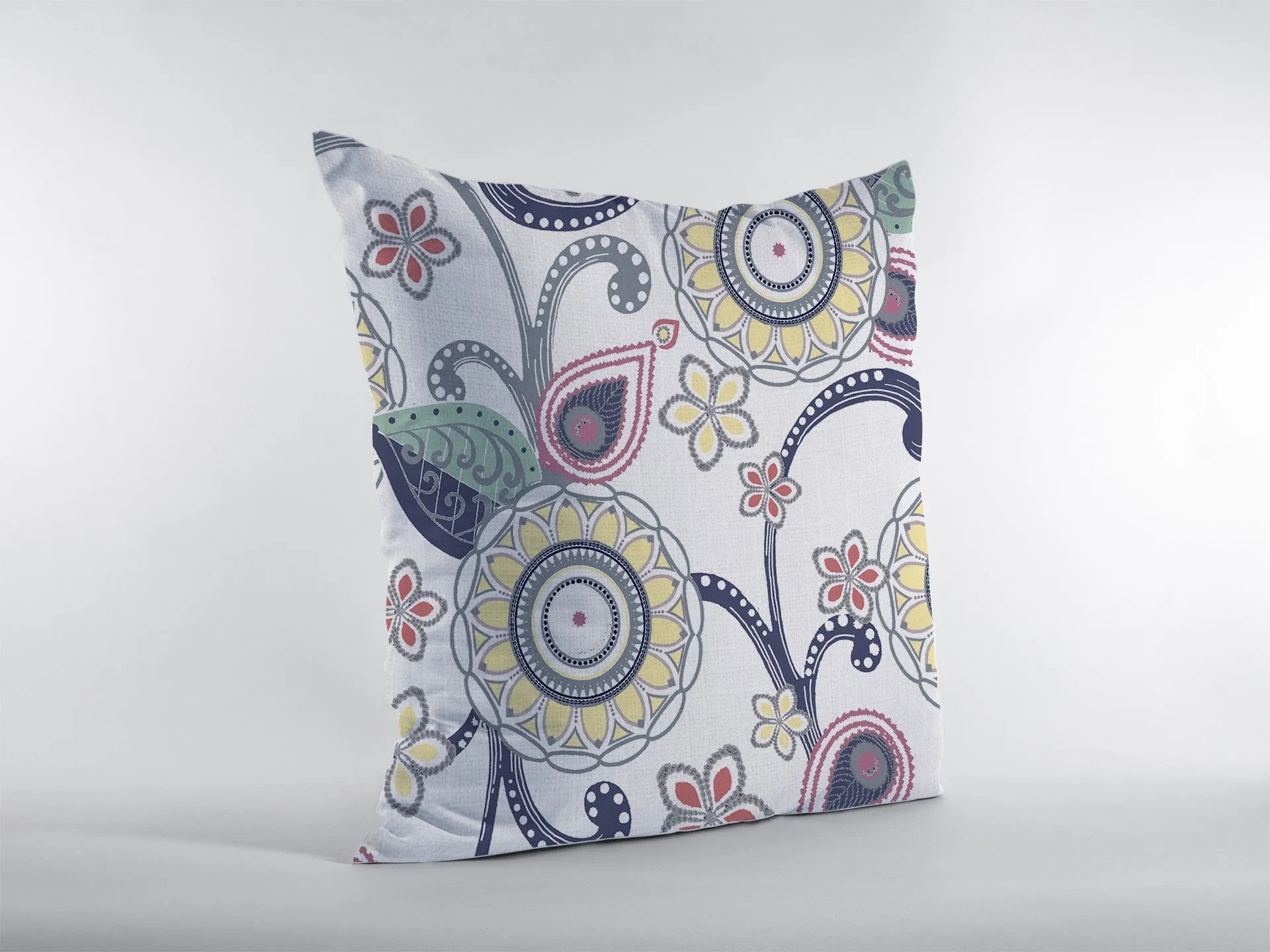 16” White Yellow Floral Indoor Outdoor Zippered Throw Pillow