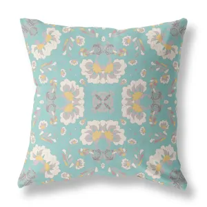 16" Mint White Floral Indoor Outdoor Zip Throw Pillow