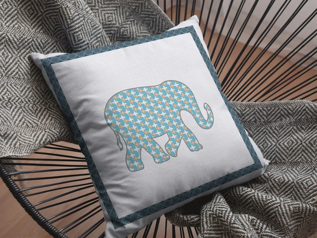 26” Blue White Elephant Indoor Outdoor Zippered Throw Pillow