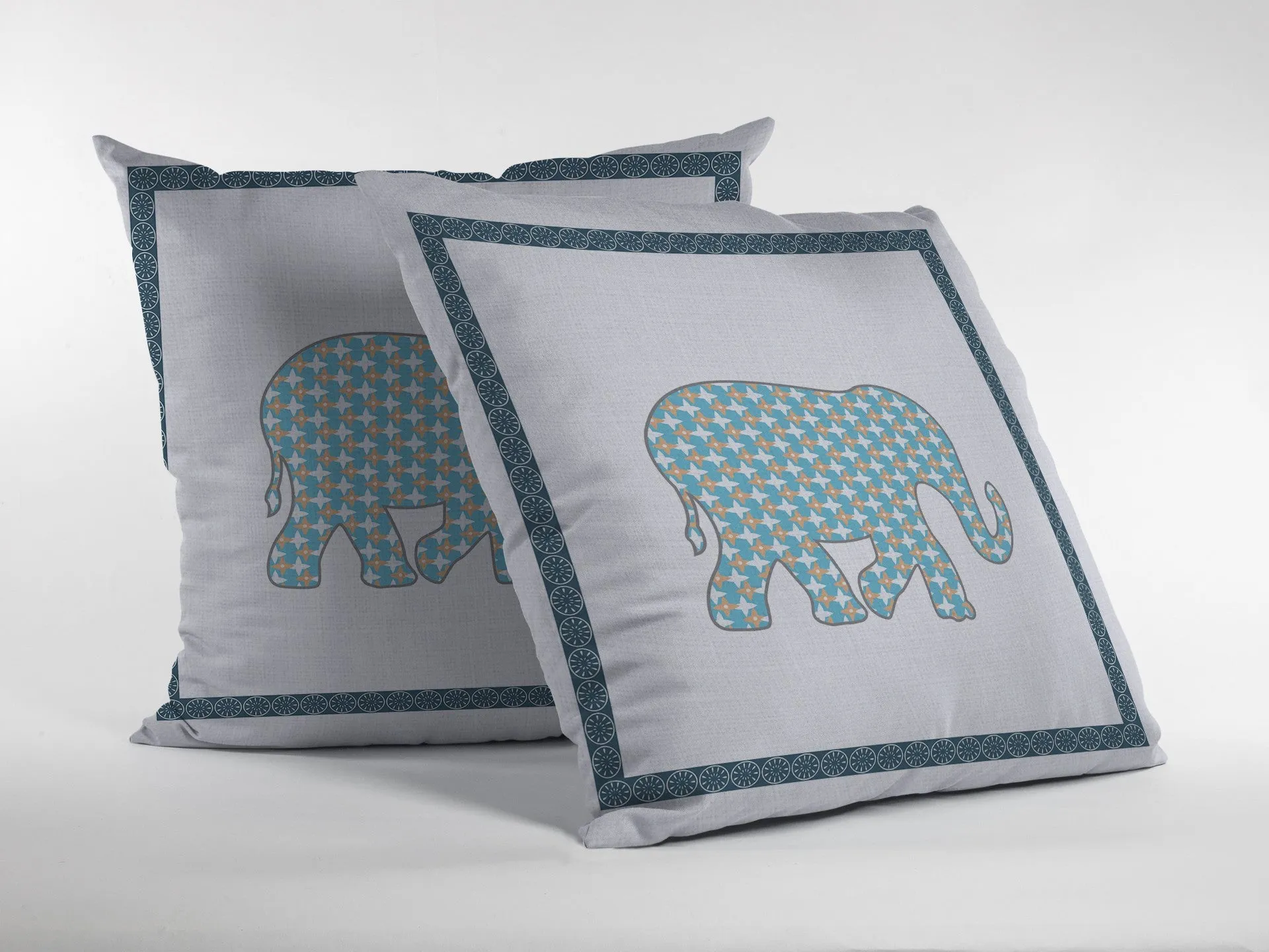 26” Blue White Elephant Indoor Outdoor Zippered Throw Pillow