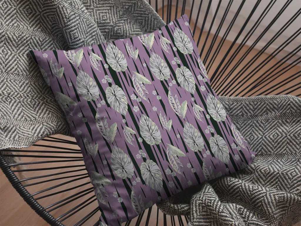 26” Lavender Black Fall Leaves Indoor Outdoor Zippered Throw Pillow