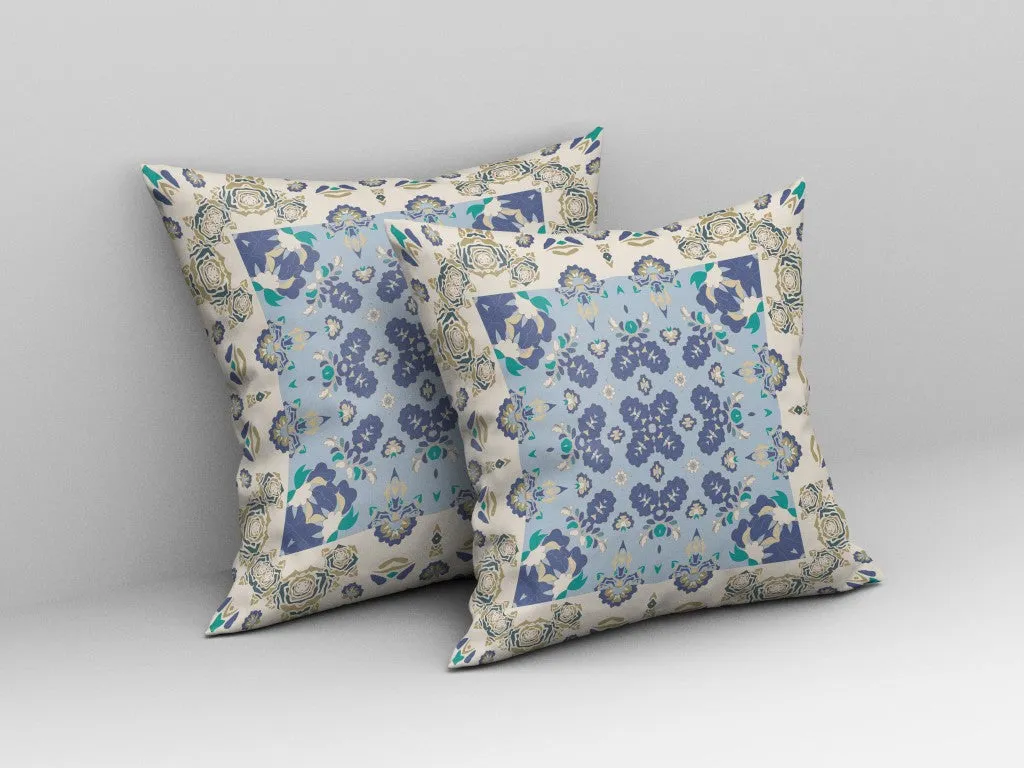 26” White Blue Rose Box Indoor Outdoor Zippered Throw Pillow