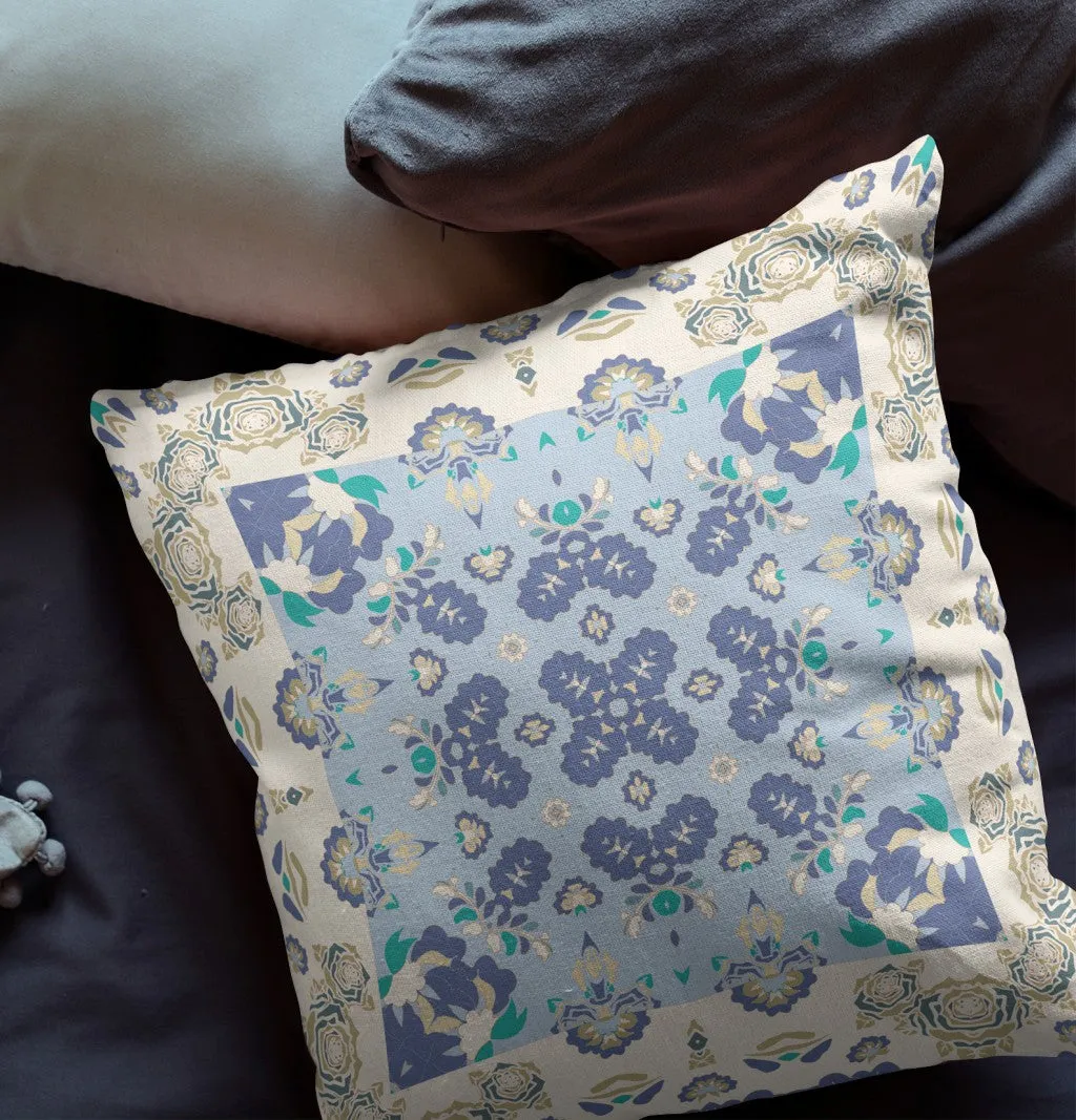 26” White Blue Rose Box Indoor Outdoor Zippered Throw Pillow