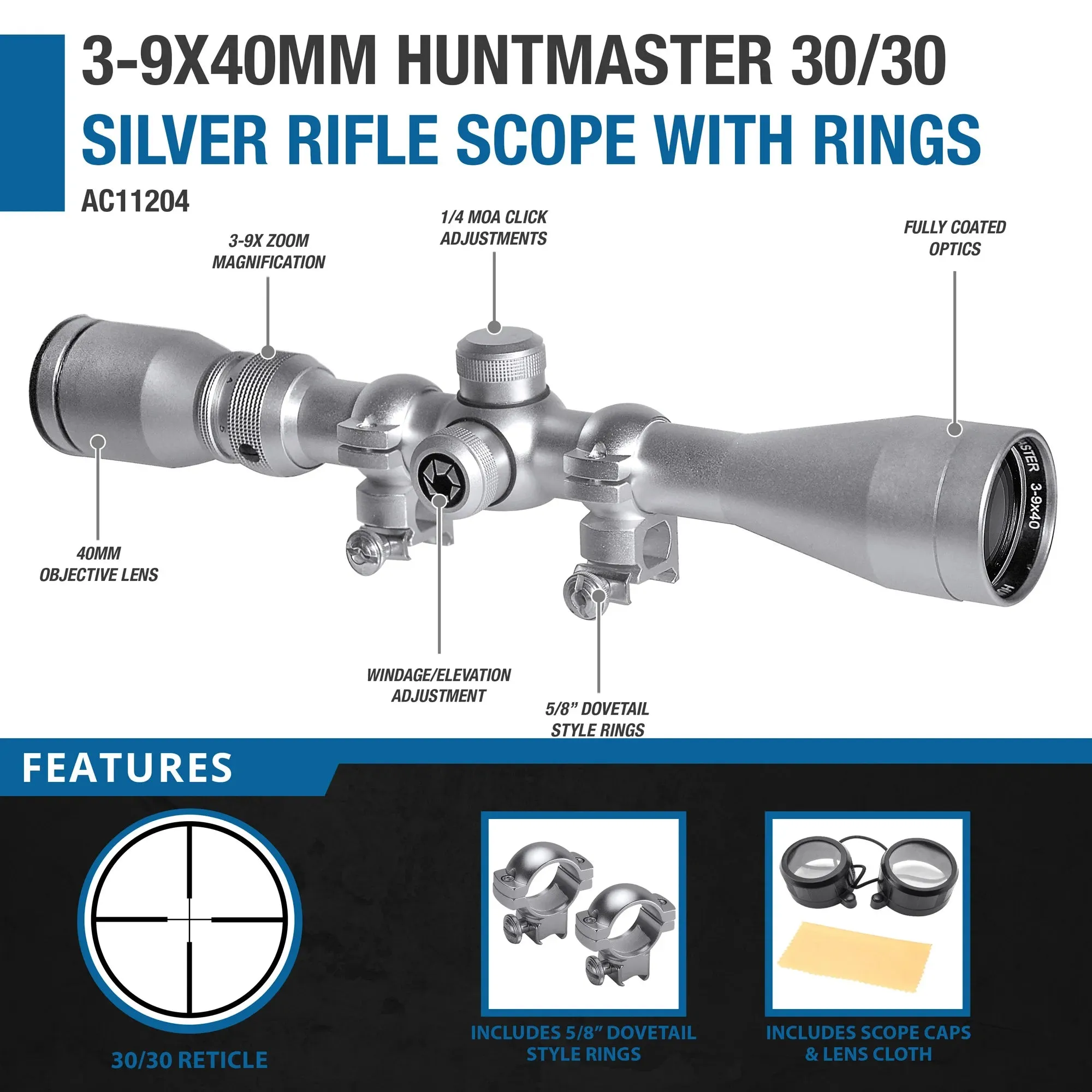 3-9x40mm Huntmaster 30/30 Silver Rifle Scope with Rings | AC11204