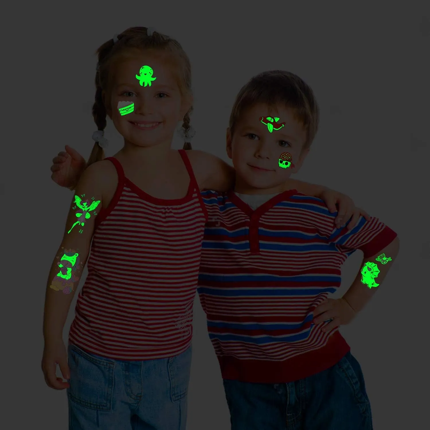 380 Styles (30 Sheets) Luminous Tattoos for Kids, Mixed Styles Temporary Tattoos Stickers with Mermaid/Dinosaur/Space/Pirate for Boys and Girls, Glow Party Supplies