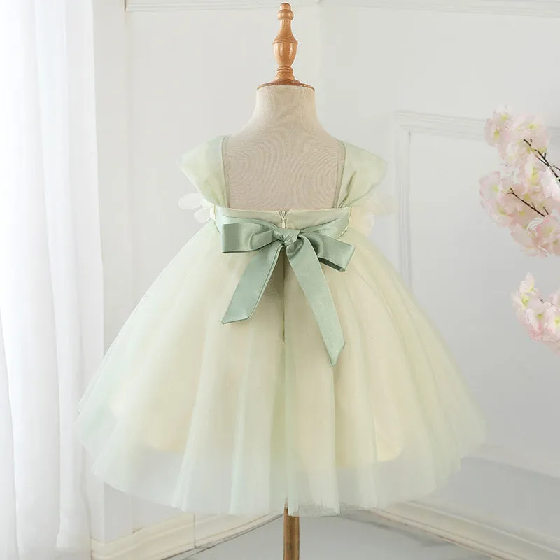 3D Flowers Cap Sleeve Tullle Sash Square Back Pleated Wedding Flower Girl Dress