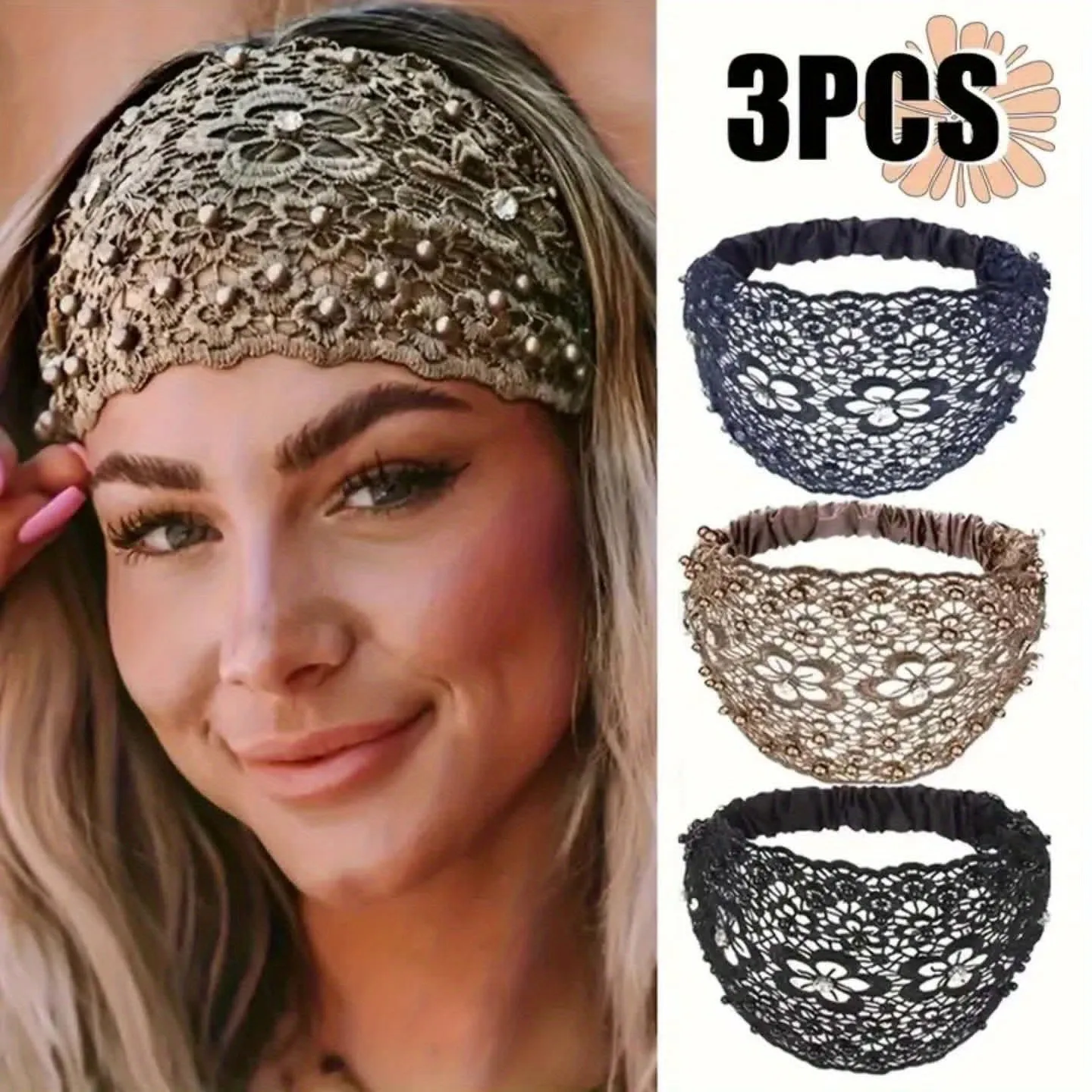 3pcs Set Elegant Floral Beaded Wide Cubidupi Headbands