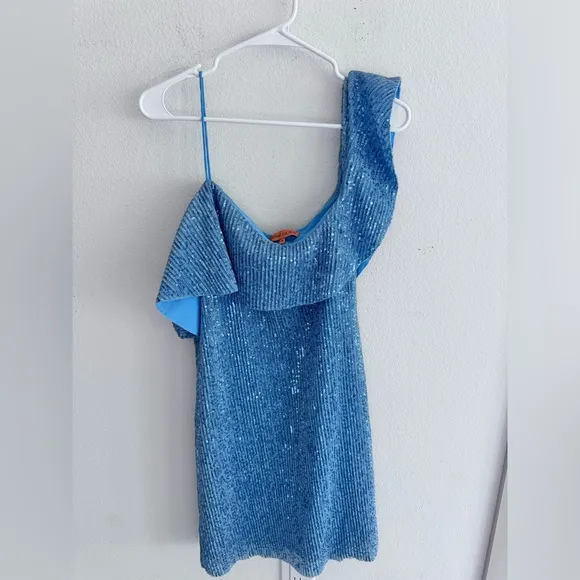 $400 Stine Goya Kenza Sequin Dress one shoulder mini blue asymmetric‎ beaded RTR
