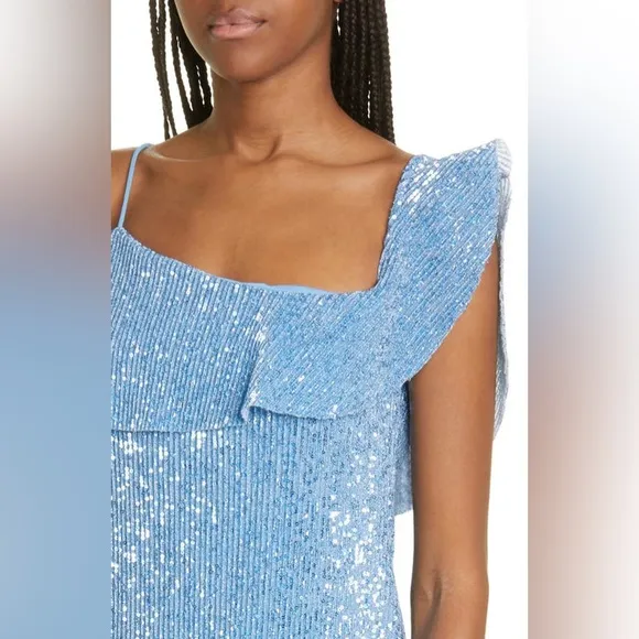 $400 Stine Goya Kenza Sequin Dress one shoulder mini blue asymmetric‎ beaded RTR