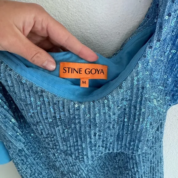 $400 Stine Goya Kenza Sequin Dress one shoulder mini blue asymmetric‎ beaded RTR