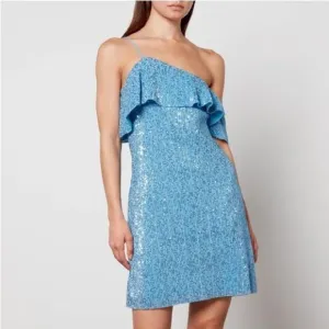 $400 Stine Goya Kenza Sequin Dress one shoulder mini blue asymmetric‎ beaded RTR