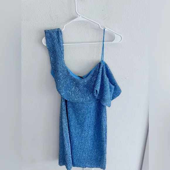 $400 Stine Goya Kenza Sequin Dress one shoulder mini blue asymmetric‎ beaded RTR