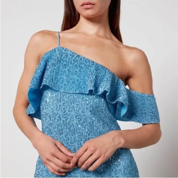 $400 Stine Goya Kenza Sequin Dress one shoulder mini blue asymmetric‎ beaded RTR