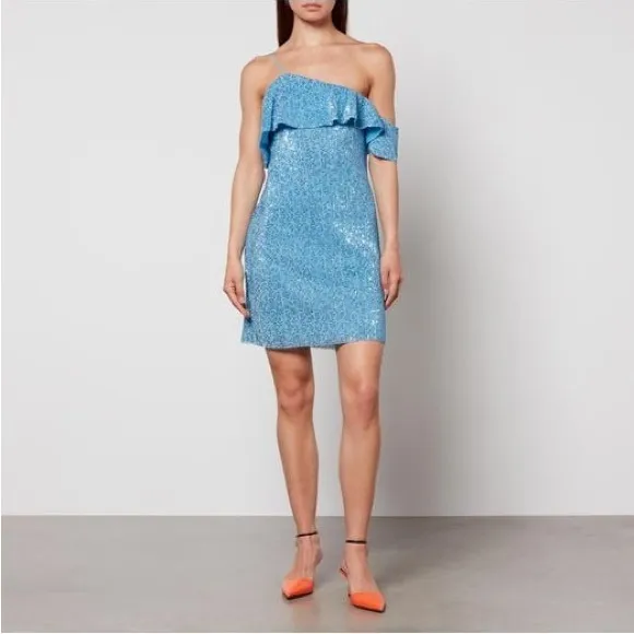 $400 Stine Goya Kenza Sequin Dress one shoulder mini blue asymmetric‎ beaded RTR