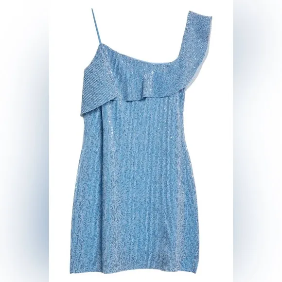 $400 Stine Goya Kenza Sequin Dress one shoulder mini blue asymmetric‎ beaded RTR