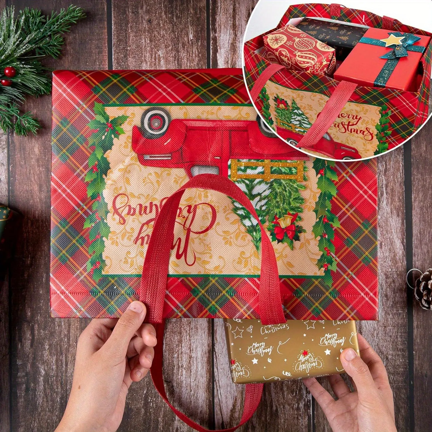 8pcs/12pcs Reusable Non-Woven Christmas Gift Tote Bags with Handles - Large, Waterproof, Lightweight, Multipurpose Plaid Festive Party Favor Bags, Holiday Goodie Bags with Christmas Designs
