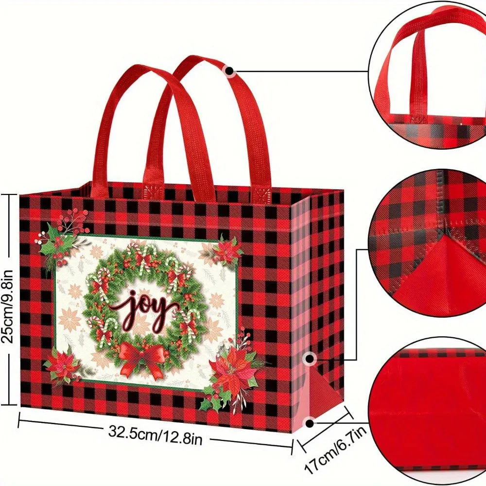 8pcs/12pcs Reusable Non-Woven Christmas Gift Tote Bags with Handles - Large, Waterproof, Lightweight, Multipurpose Plaid Festive Party Favor Bags, Holiday Goodie Bags with Christmas Designs