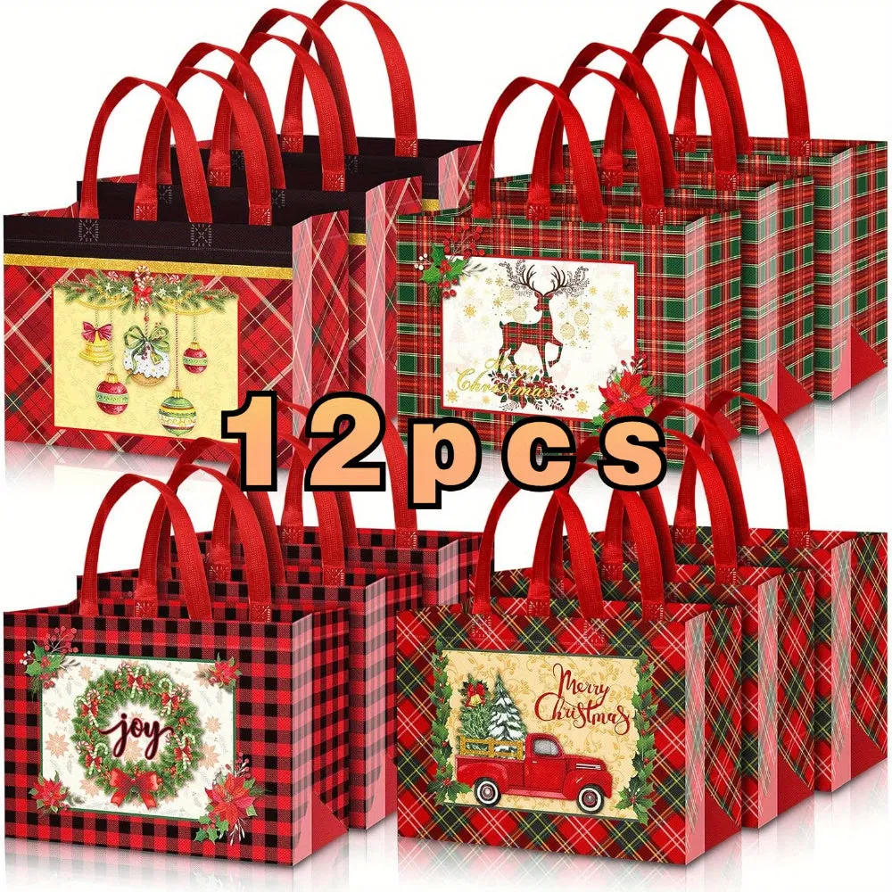 8pcs/12pcs Reusable Non-Woven Christmas Gift Tote Bags with Handles - Large, Waterproof, Lightweight, Multipurpose Plaid Festive Party Favor Bags, Holiday Goodie Bags with Christmas Designs
