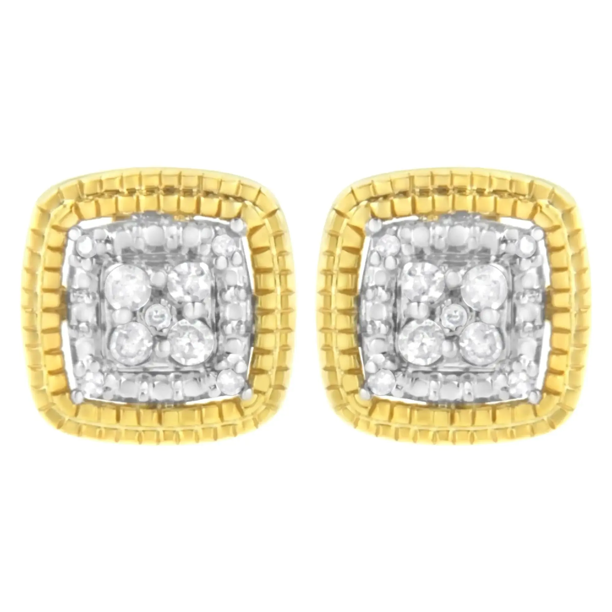 .925 Sterling Silver 1/10 Cttw Prong-Set Round Cut Diamond Square Shape with Milgrain Halo Stud Earrings (I-J Color, I2-I3 Clarity)