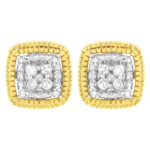 .925 Sterling Silver 1/10 Cttw Prong-Set Round Cut Diamond Square Shape with Milgrain Halo Stud Earrings (I-J Color, I2-I3 Clarity)