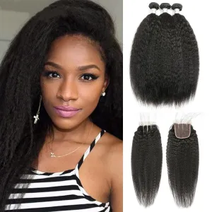 Alipop Kinky Straight Hair With Closure 100% Human Hair 3 Bundles With Closure