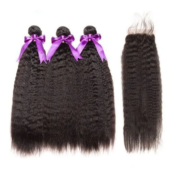 Alipop Kinky Straight Hair With Closure 100% Human Hair 3 Bundles With Closure