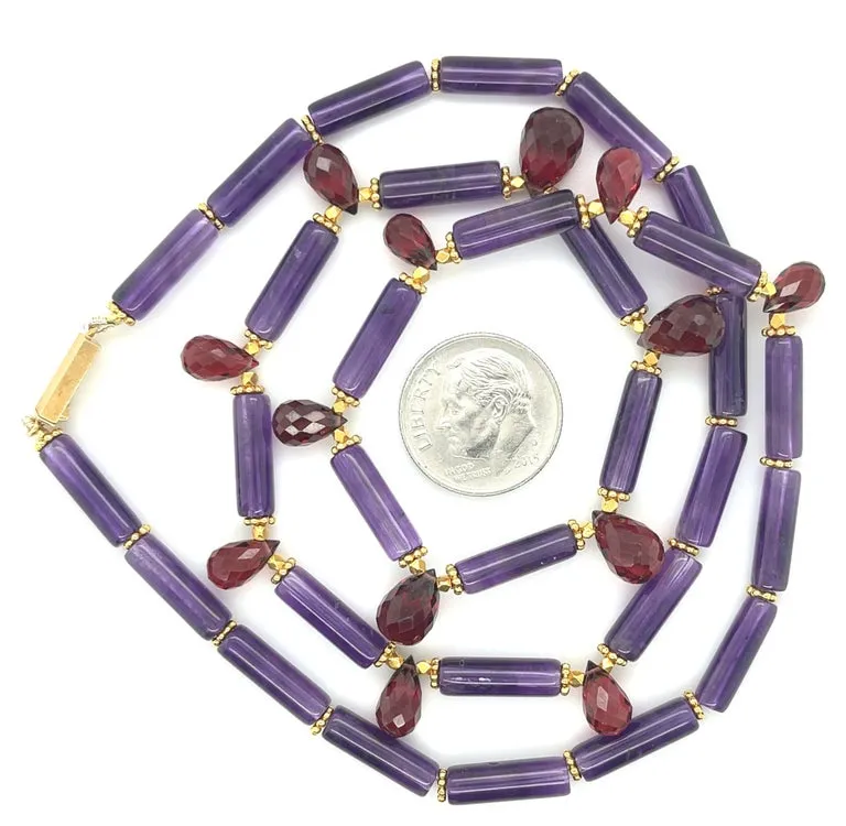 Amethyst and Garnet Beaded Necklace with Yellow Gold Accents, 20.5 Inches