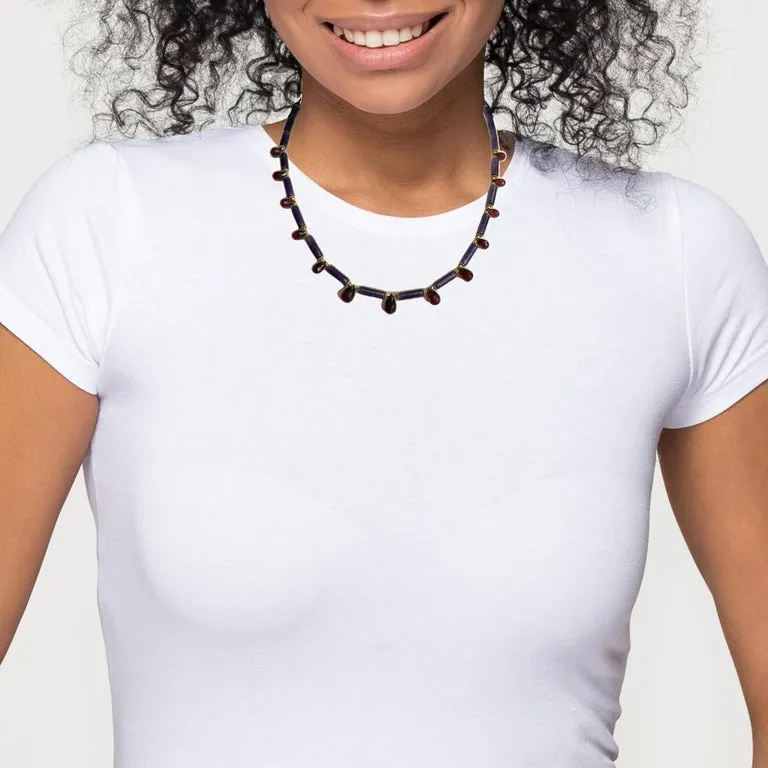 Amethyst and Garnet Beaded Necklace with Yellow Gold Accents, 20.5 Inches