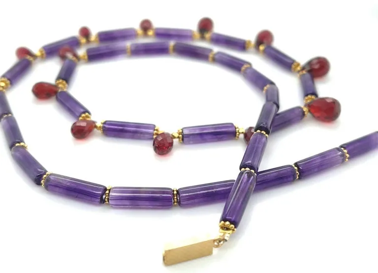 Amethyst and Garnet Beaded Necklace with Yellow Gold Accents, 20.5 Inches