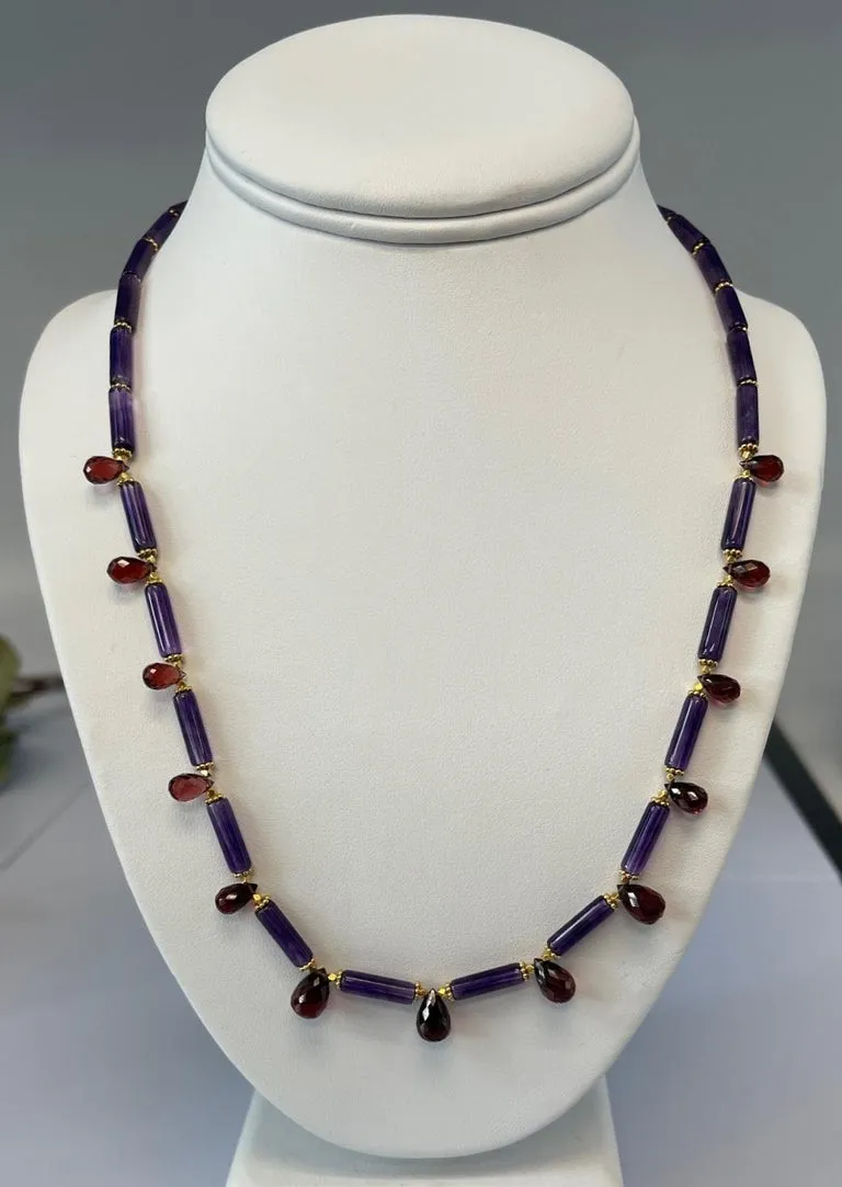 Amethyst and Garnet Beaded Necklace with Yellow Gold Accents, 20.5 Inches