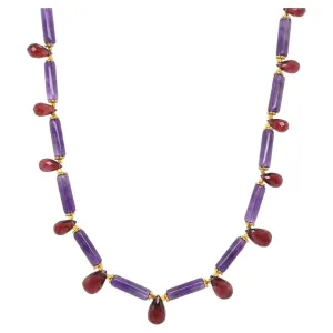 Amethyst and Garnet Beaded Necklace with Yellow Gold Accents, 20.5 Inches