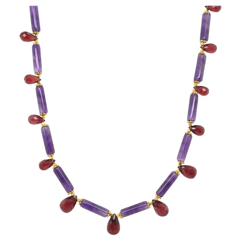 Amethyst and Garnet Beaded Necklace with Yellow Gold Accents, 20.5 Inches