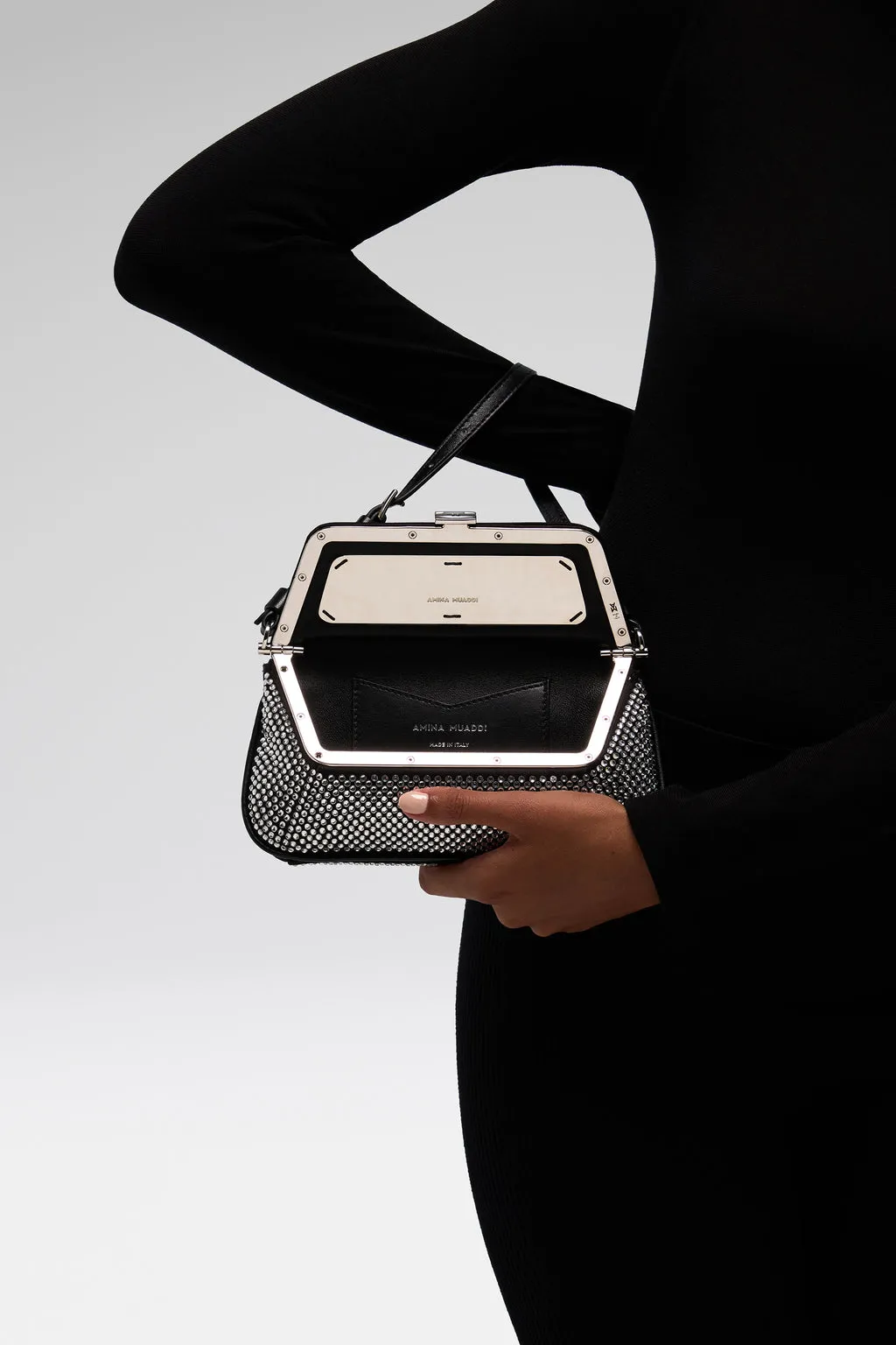 Ami Mini Crystal Shoulder Bag Black Satin And White Crystals