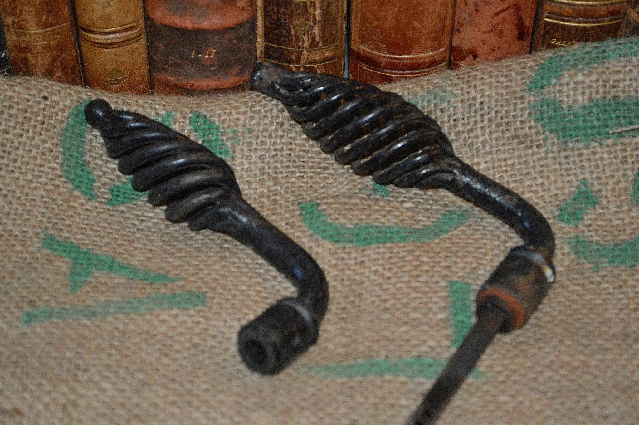 Antique French Door Handles Set Pair Black Cast Iron