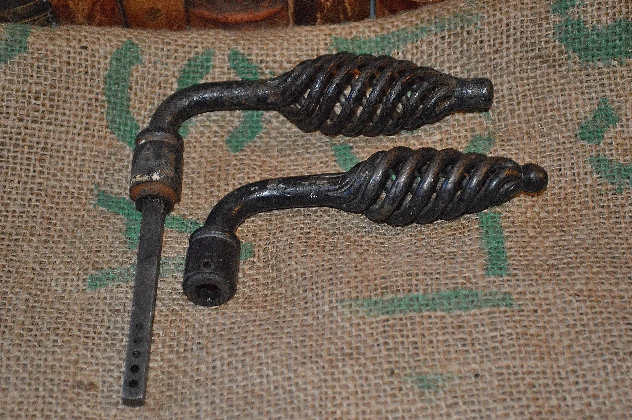 Antique French Door Handles Set Pair Black Cast Iron