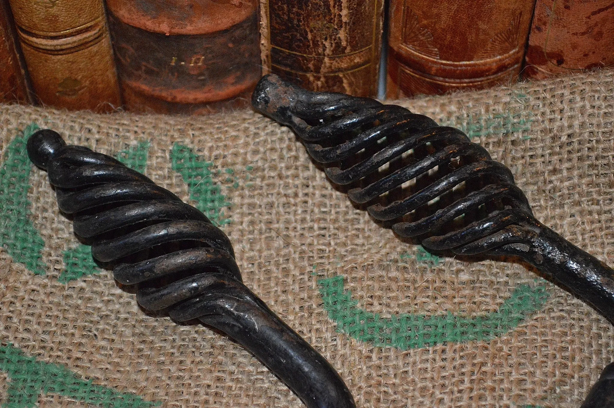 Antique French Door Handles Set Pair Black Cast Iron