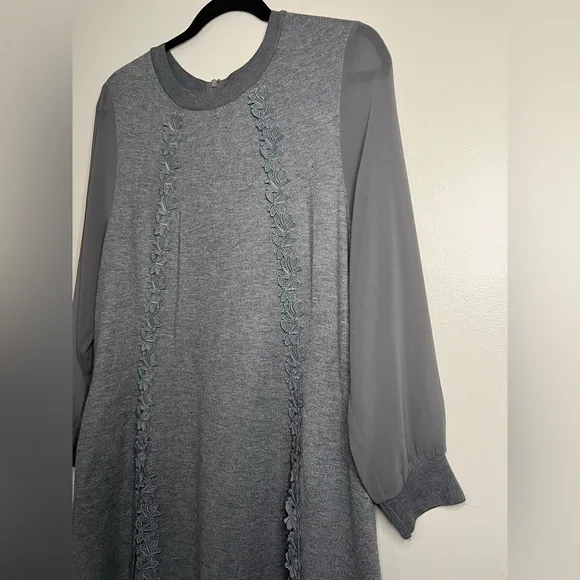 Apaim Ports Gray Long Sleeve Midi Dress Size 10 Wool Blend Floral Trim Modest