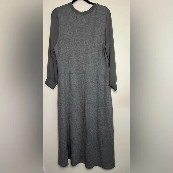 Apaim Ports Gray Long Sleeve Midi Dress Size 10 Wool Blend Floral Trim Modest